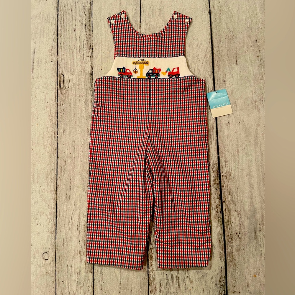 2T Anavini Hand Smocked Construction Vehicle Longall NWT red, plaid